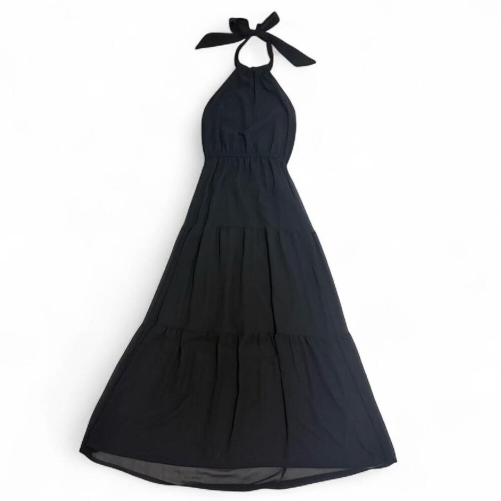 Black Halter Neck Chiffon Bow Tie Top Tiered Skirt Long Flowy Maxi Dress Small